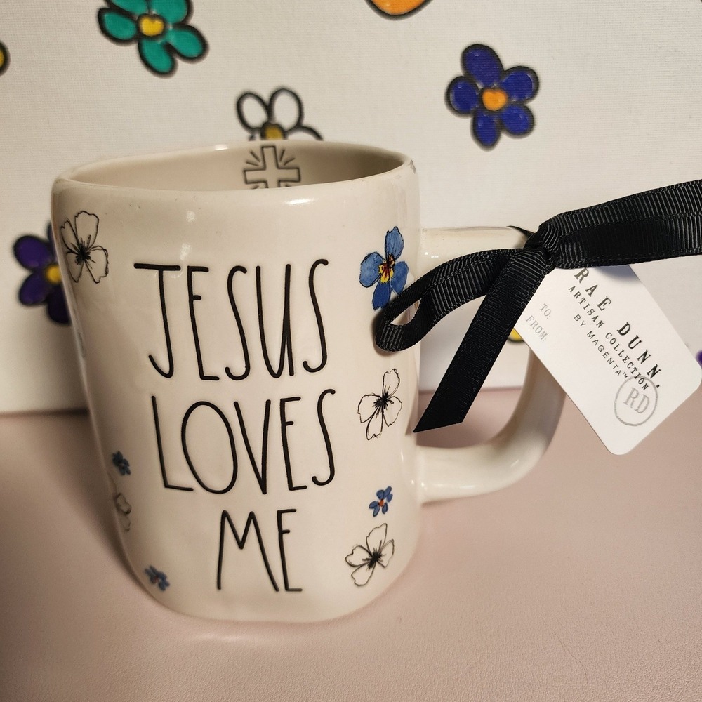 Rae Dunn JESUS LOVES ME Ceramic Mug Floral Cross Artisan Collection NWT